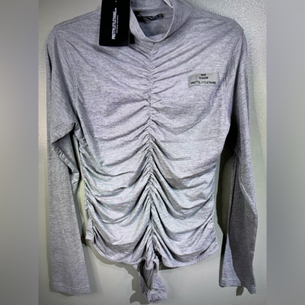 Pretty Little Thing Womens Ruffed Mock Neck Soft Body Suit Size 14 NWT Gray